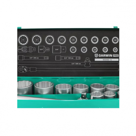 GARWIN PRO Набор торцевых головок 3/4" 12 гр., 19-55 мм, 21 предмет
