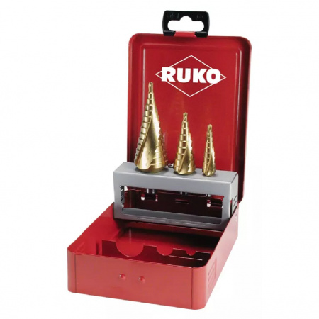 RUKO Набор ступенчатых сверл 4-12, 4-20, 4-30 мм, HSS TiN, 118°, со спиральными канавками, метал кейс