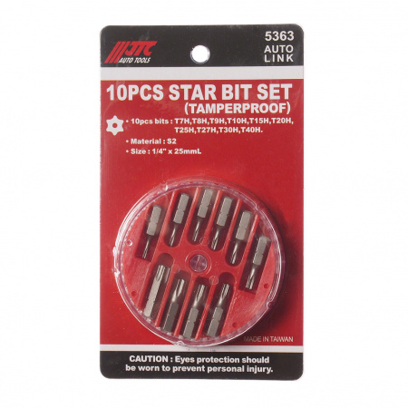 JTC Набор бит 1/4" TORX T7H-T40H с отверстием 10 предметов в кейсе